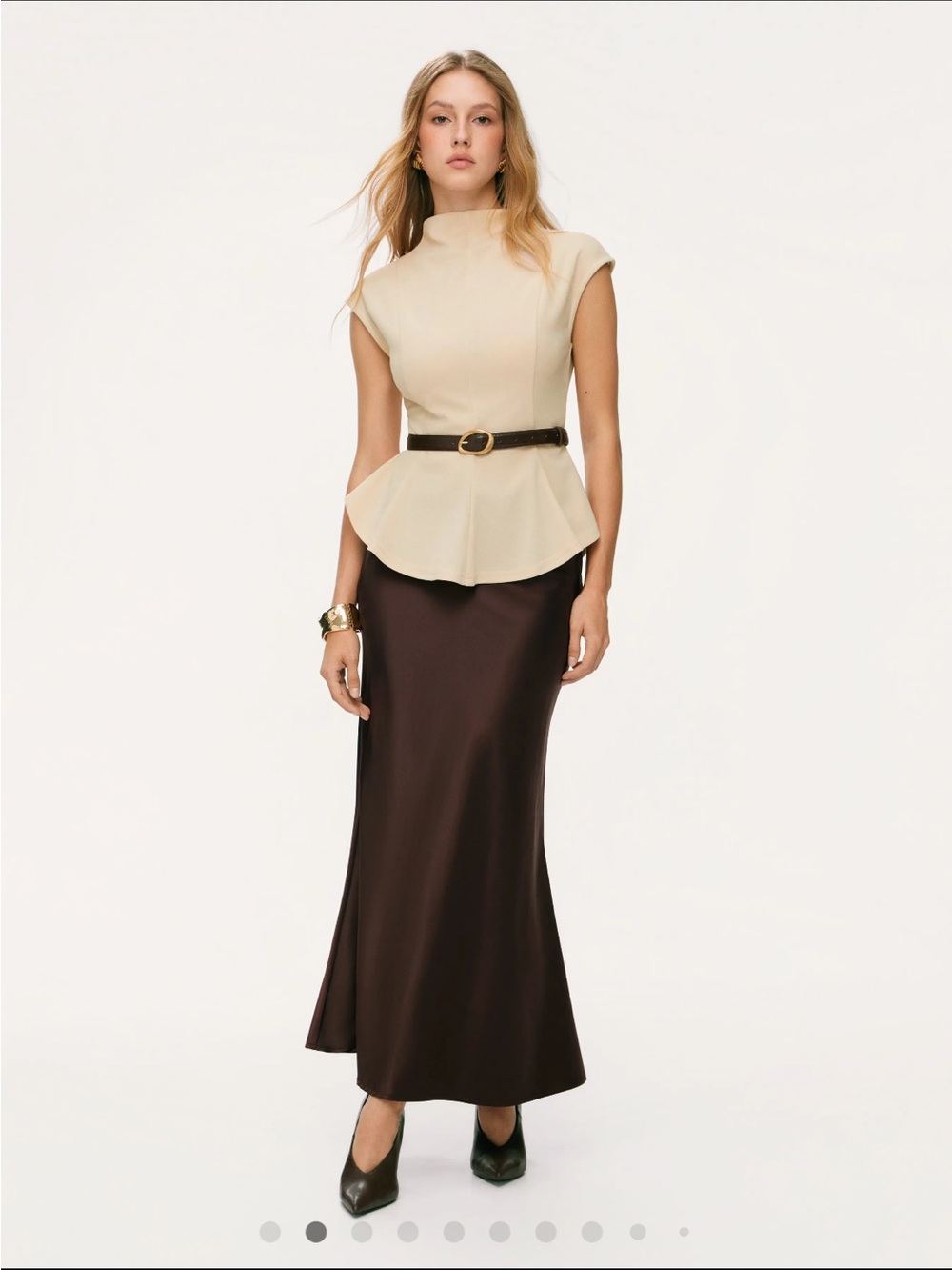 Cider Cream Peplum Top with Dark Brown Maxi Skirt